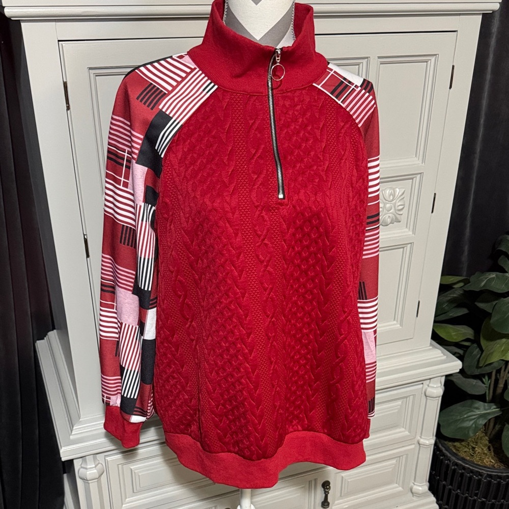 Red Quarter-Zip Sweater with Patterned Sleeves Size XL